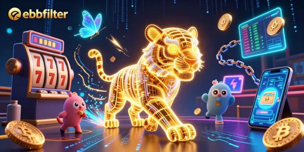 Spin to win with ebbfilter's engaging online slots, featuring a neon tiger and vibrant digital elements.