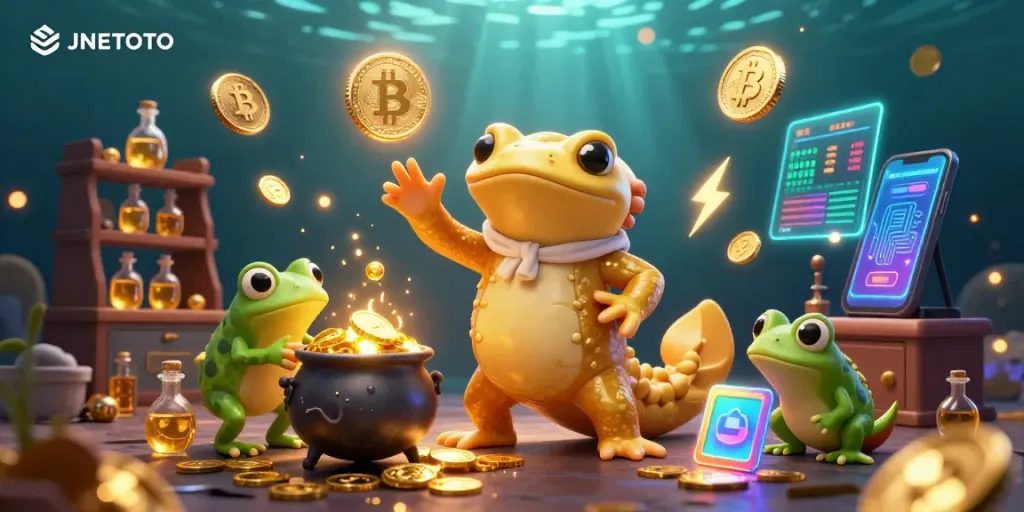 Engage with JNETOTO's gaming excitement, illustrated by a mystical scenario of gold transmutation and crypto elements.