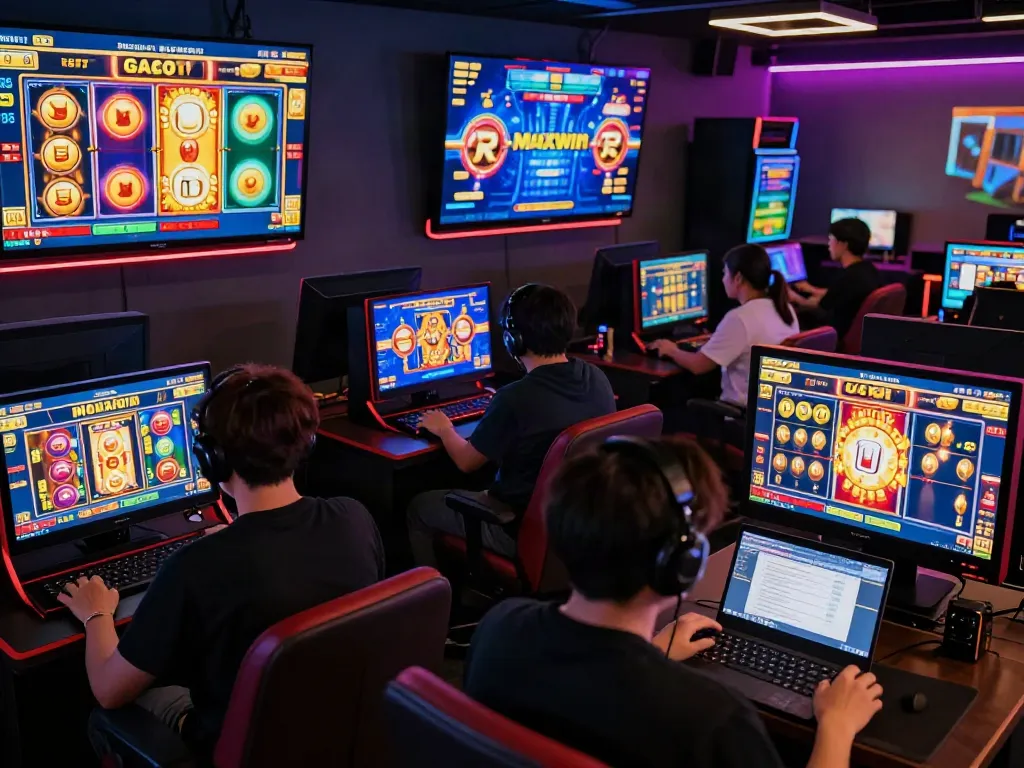 Players enjoying slot gacor maxwin games in an energetic online gaming lounge.