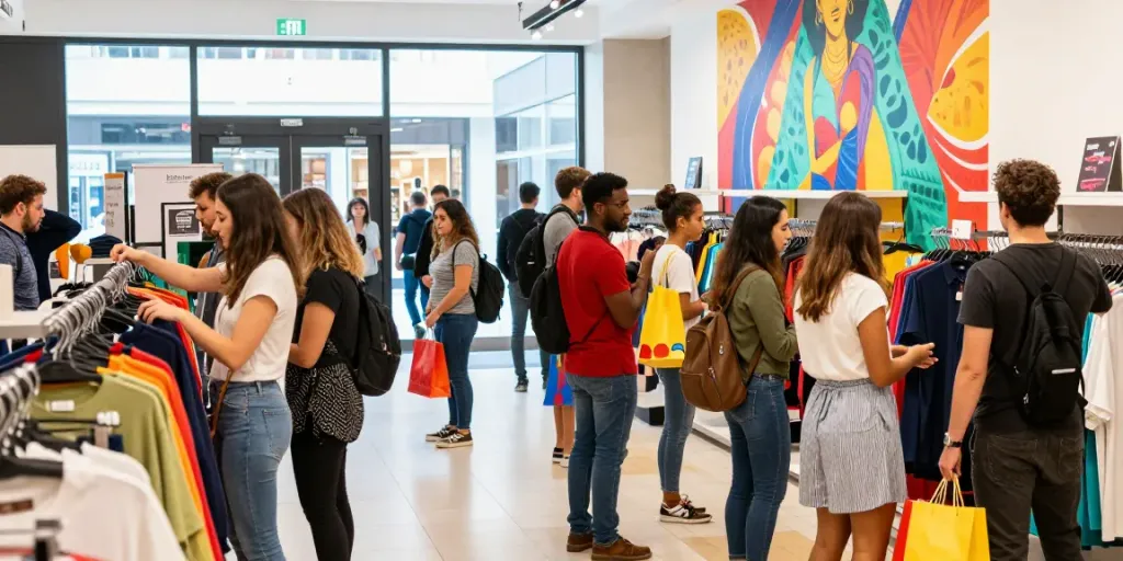 Peh888 vibrant shopping experience with diverse customers exploring the latest fashion trends.