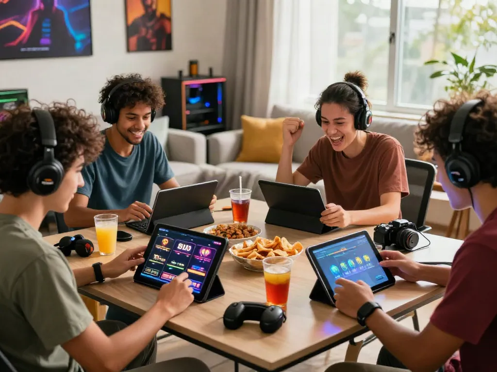 Friends enjoying slot gacor hari ini in a modern gaming setup, vibrant atmosphere with snacks and tech.