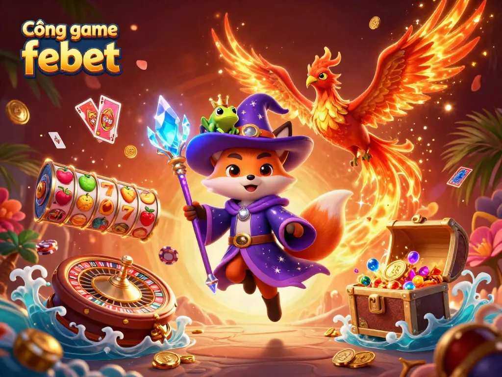 Experience the thrill at Cổng game febet with an enchanting wizard fox and vibrant casino elements.