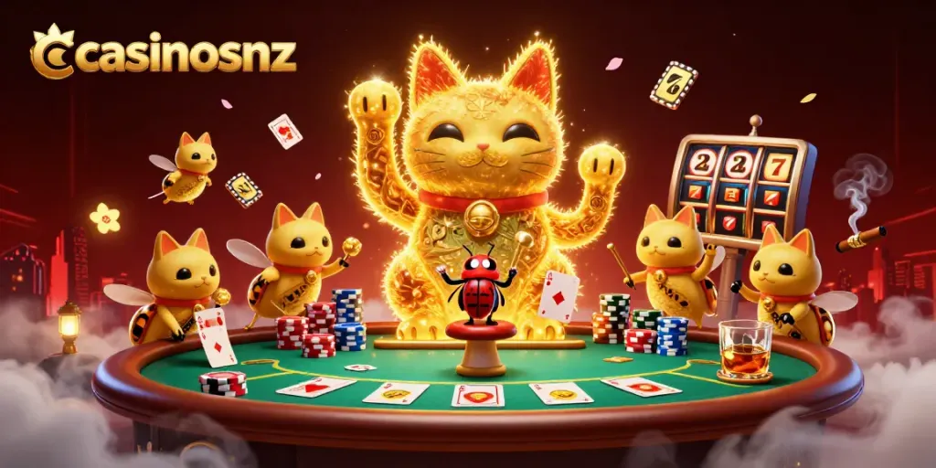 Experience the magic of casinosnz with vibrant casino elements and a giant waving lucky cat.
