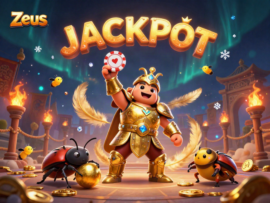 Zeus-themed casino illustration with a hercules beetle winning a poker chip jackpot.