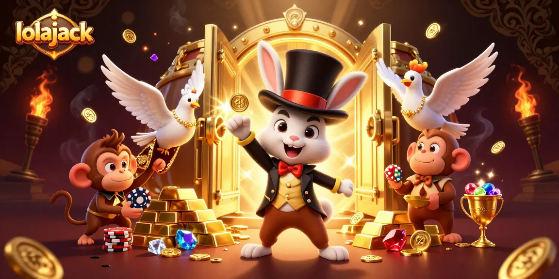 Experience the thrill with lolajack as a magician rabbit conjures coins amidst vibrant casino elements.