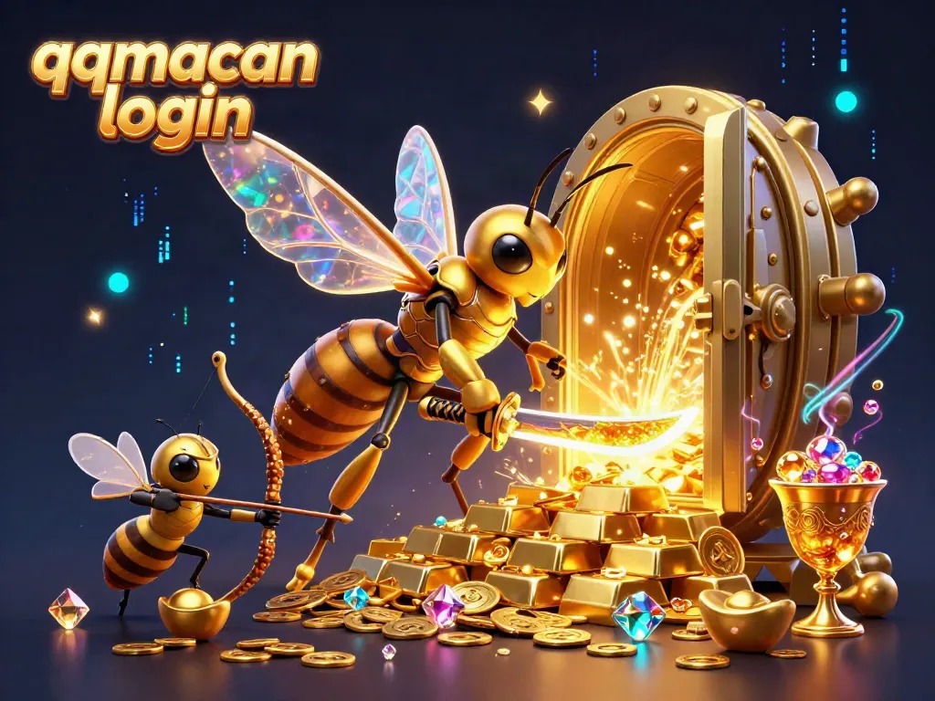 Experience the excitement of qqmacan login with a vibrant, dynamic casino-themed illustration full of treasures.