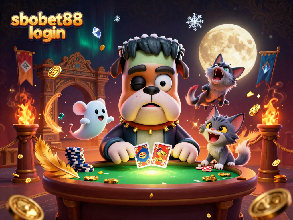 Engage with thrilling sbobet88 login action as cartoon characters deal cards and float through casino excitement.