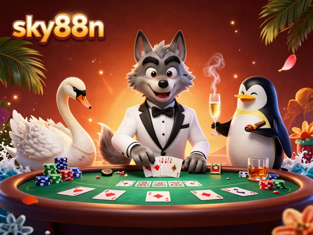 Engage in thrilling baccarat with sky88n featuring a debonair wolf, elegant swan, and sophisticated penguin.