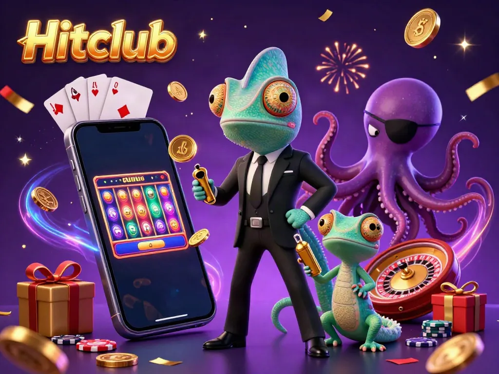 Hitclub promotes exciting slot gaming adventures with vibrant characters and casino elements.