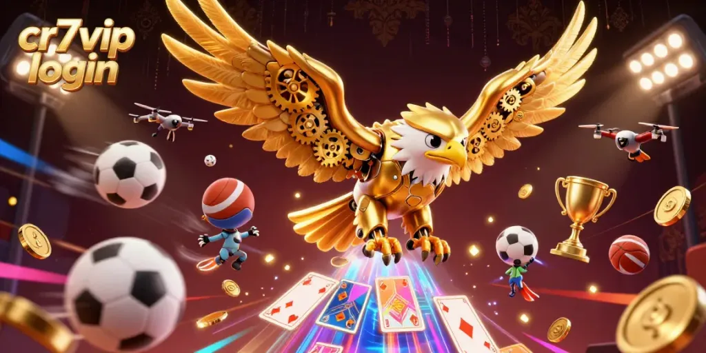 Gambarlah cr7vip login dengan elang emas futuristik dan kartu holografik untuk gaming.