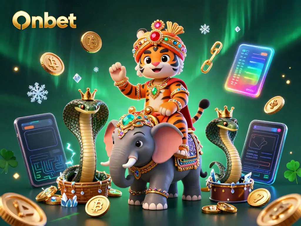 Experience the thrill of Onbet's vibrant casino scene featuring a royal tiger, an elephant, and crypto coins.