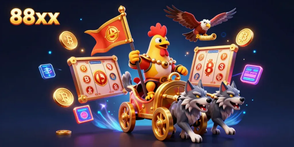 Experience the excitement of 88xx gambling with a rooster warlord and gaming elements in a vibrant casino scene.