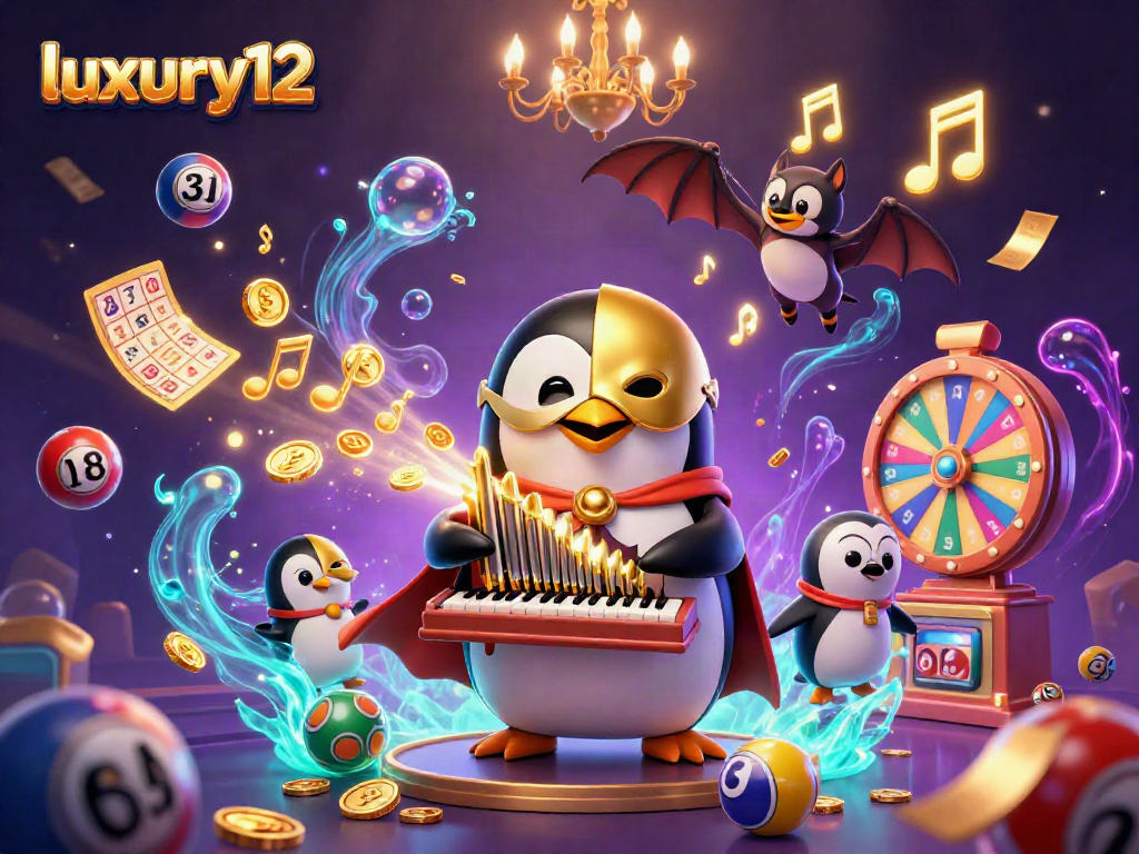 Experience the excitement of luxury12 with a vibrant scene of a penguin organist amidst lottery elements