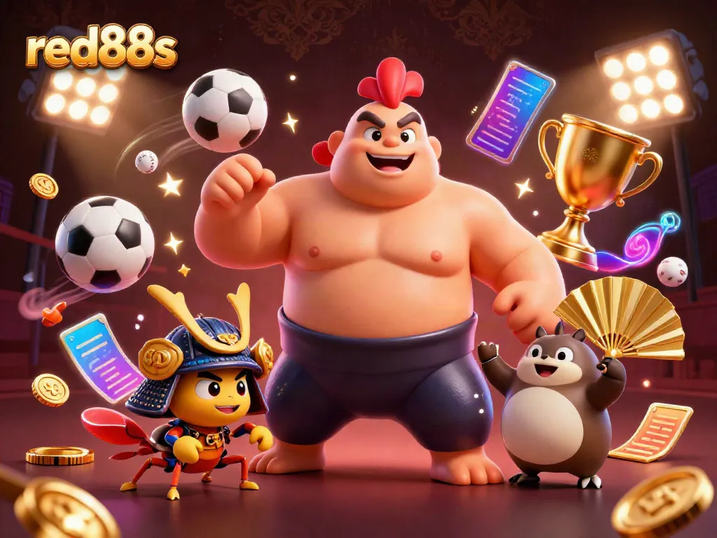 Experience thrilling action at red88s with powerful sumo wrestler and fierce samurai cricket in an exciting casino scene.