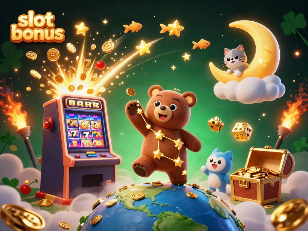 Catch a thrilling slot bonus as the animated constellation bear collects coins from a jackpot slot machine.