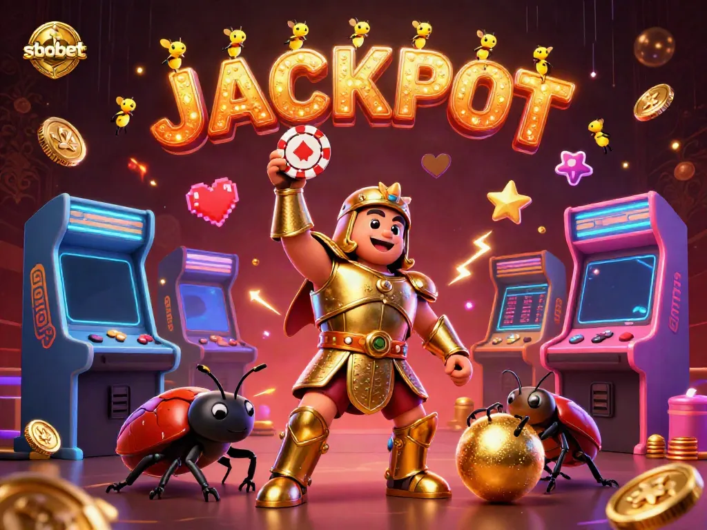 Engage with sbobet through a vibrant 3D illustration showcasing a hercules beetle triumphantly lifting a poker chip, amidst dynamic gambling elements.