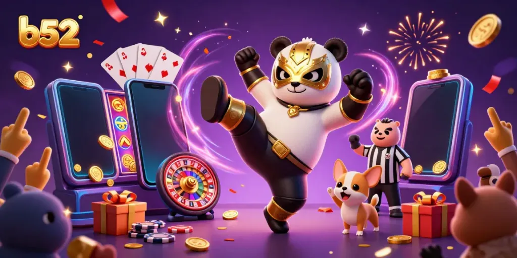 Experience big wins at b52 casino with a dynamic scene featuring a wrestler panda and playful gambling elements.