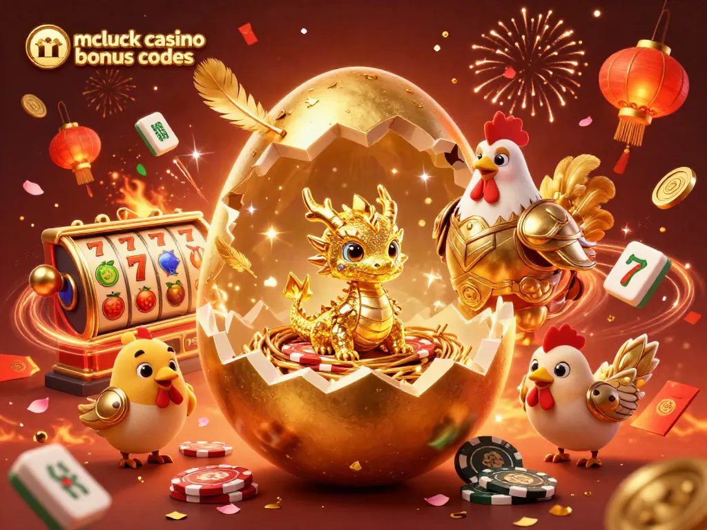 Exciting mcluck casino bonus codes imagery featuring golden egg cracking open, revealing a baby dragon.