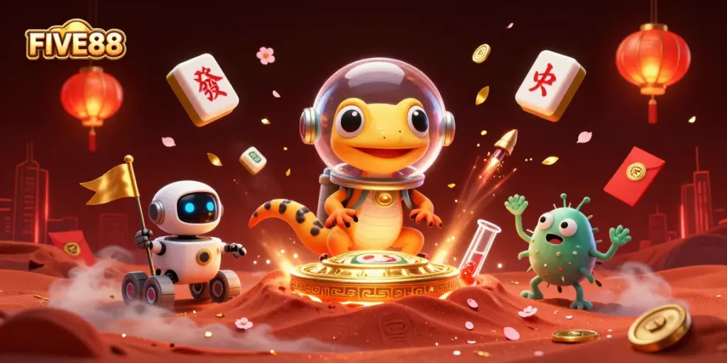 Experience thrilling gaming adventures with FIVE88 in a vibrant 3D casino scene.