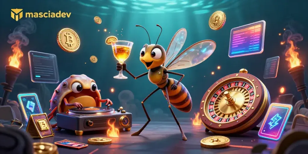 Engage with masciadev's vibrant casino scene featuring a playful frozen mosquito mascot and golden gaming elements.