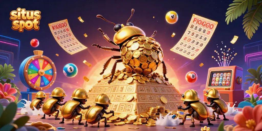 Win big with situs slot - a playful scene of golden beetles and lottery elements in a vibrant casino setting.